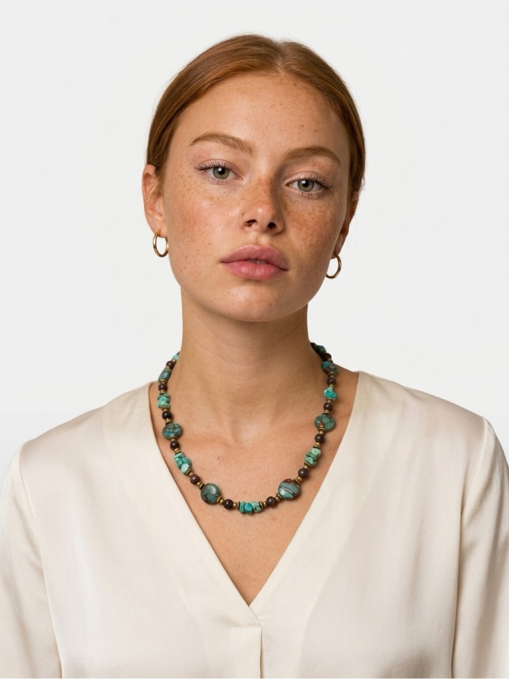 Turquoise and Almandine Garnet Handmade Beaded Women's Necklace